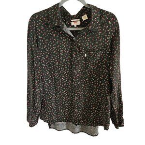 Levi's Woman Button Up Shirt SZ XL Boyfriend Fit Black/Pink Rose Pocket Feminine